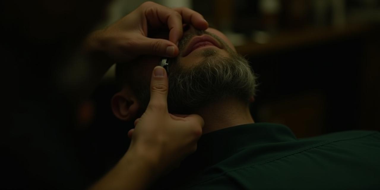 Barbiere esperto al lavoro su una barba con rasoio a mano libera